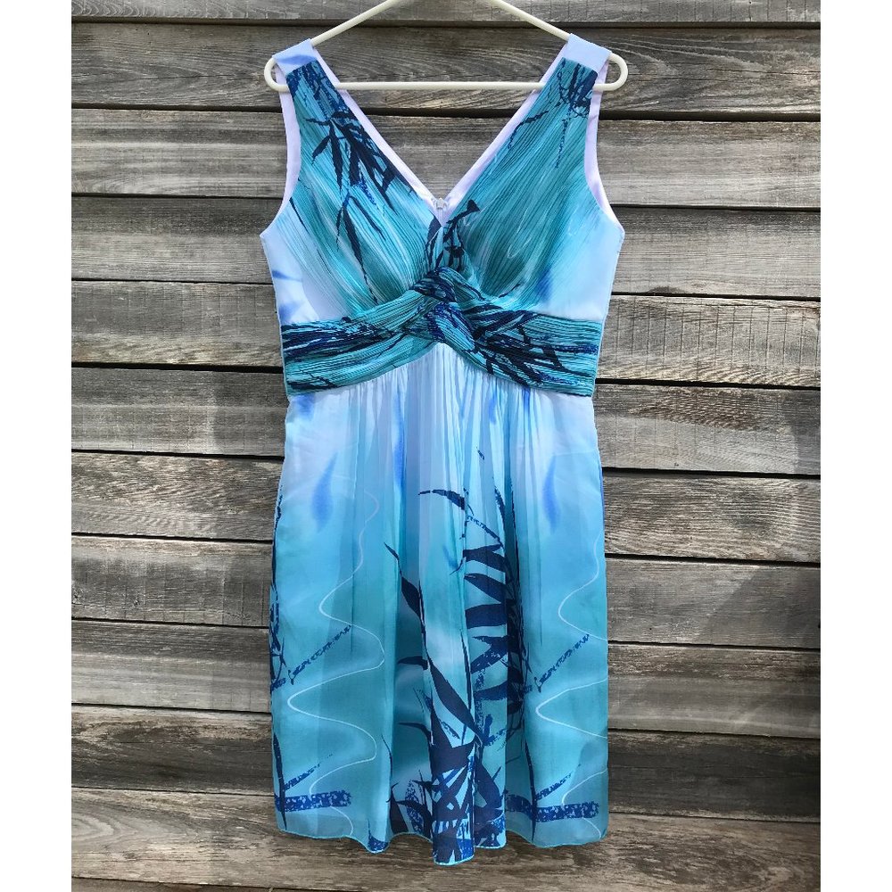 Blue Silk Floral V-neck Knee-length Dress